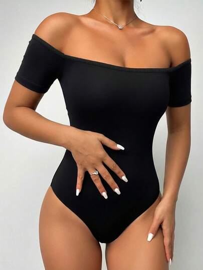 ChicMe Bộ áo liền quần nữ tay ngắn trễ vai, dáng ôm, mềm mại và thoải mái, kiểu dáng cơ bản phù hợp mặc hàng ngày cho mùa hè.