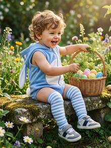 Disfraz de conejito de Pascua para bebé sin mangas con capucha y cremallera, mameluco, calcetines largos a rayas, ropa para fiesta - Azul - Ver 3