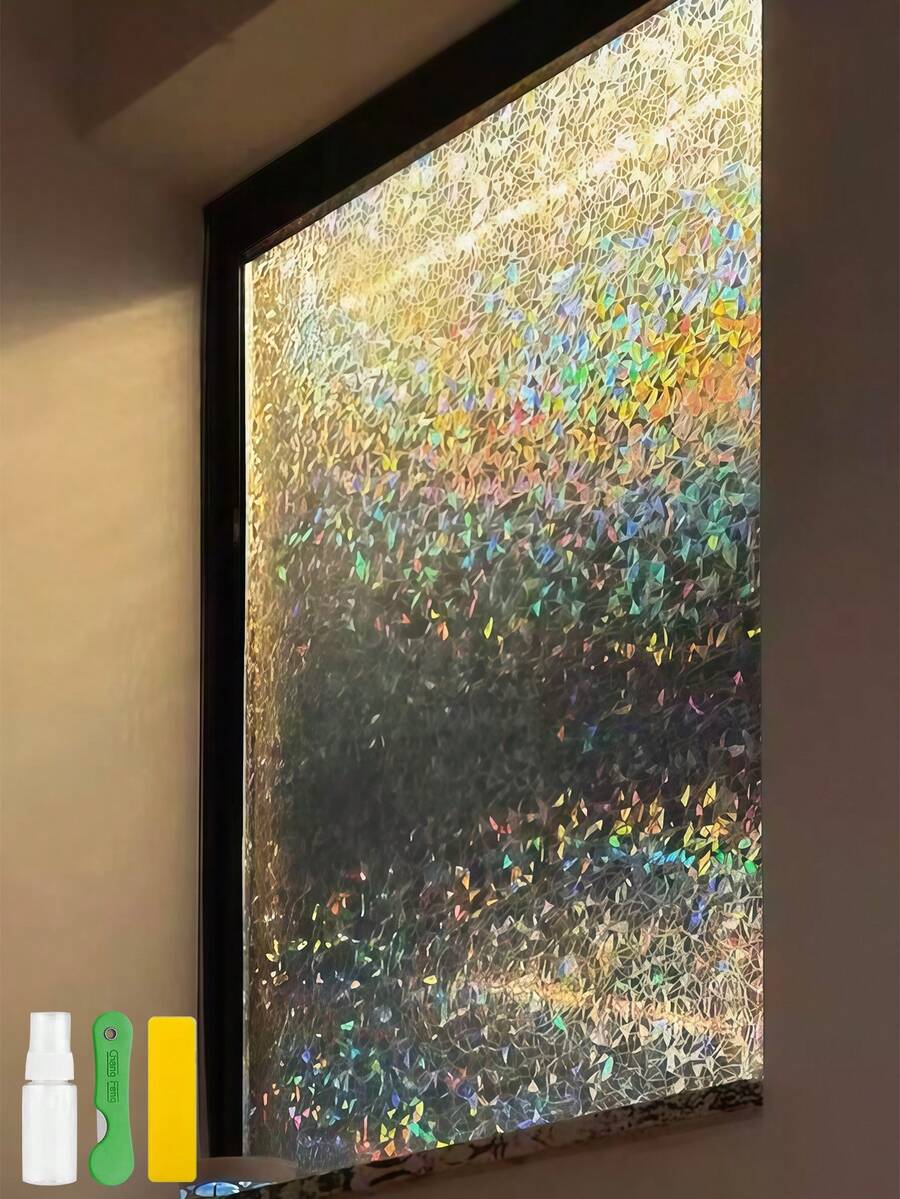 1 Roll Of Window Privacy Film With Installation Tools, Static Window Clings Vinyl 3D Decals Stickers Rainbow Window Film For Glass Door Heat Control Anti UV