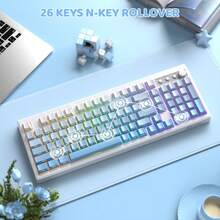 ATTACK SHARK FREEWOLF K100 99键游戏薄膜无线键盘，带媒体旋钮，三模蓝牙/2.4GHz/USB-C，侧印按键，RGB背光，复古可爱奶油色静音电脑键盘 - 彩色 - 查看 8