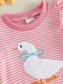2Pcs Silly Goose Baby Clothes Toddler Girl Summer Birthday Outfit Embroidery Bow Animal Short Sleeve T-Shirts And Waffle Stripe Shorts Set - Pink - View 6