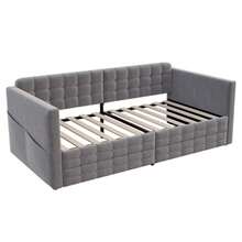 Polsterbett Schlafsofa 90x190, Classic Vollflächiges Karomuster, Staufächer An Den Bettseiten, Zwei Schubladen Unter Dem Bett, Gäste Oder Als Einzelbett, Samtstoff, Grau - Grey - View 5