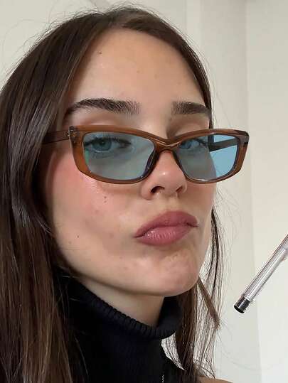 1 pieza Gafas de moda con montura de policarbonato de unicolor y lentes de color azul y gris en estilo vintage de ojo de gato para mujer, para actividades al aire libre con estuche