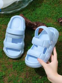 1双男女通用纯色防滑拖鞋，时尚简约轻便沙滩凉鞋，适合夏季穿着 - 淺藍色 - 查看 2