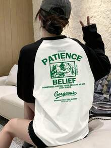 Women's Loose Casual Versatile English Letter, Tree, Cartoon Print Contrast Color Long Sleeve T-Shirt, Spring - Black and White - View 4