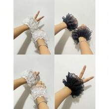 1 Pair Lolita Style Lace Ruffle Wrist Cuffs, Women's Party Dress Accessory, Fingerless Black & White Lace Wrist Sleeves Decor - 彩色 - 查看 6