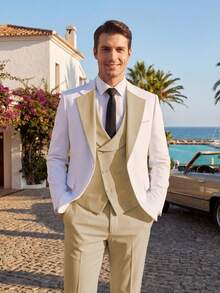 3pcs Men's Slim Fit Suit Set, Men's Wedding Party Formal Business Suit - Champagne - View 6