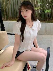 Sweet French Style White Doll Collar Blouse, Waist Cinched Design, Fitted Short Sleeve Top, Summer - White - View 7