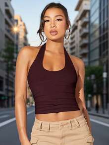 女士吊带背心，修身弹力无袖运动背心，休闲夏季瑜伽健身运动上衣 - 紫色 - 查看 2