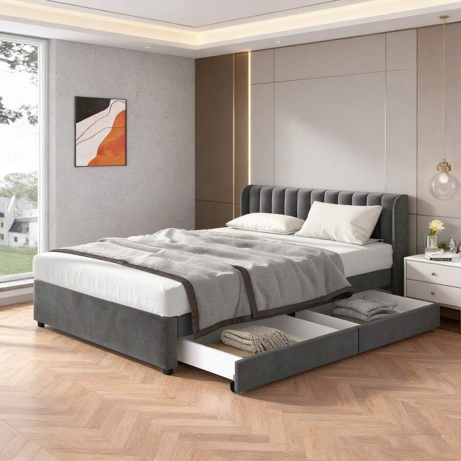 Bed Bases & Foundations - Gray + Velvet + 160cm*200cm - View 1