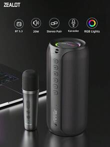 ZEALOT S69M 20W 便携式无线麦克风音箱，强劲低音，3D环绕立体声，360mAh超长续航，兼容智能手机/平板电脑/电视，支持TF/USB/AUX/TWS音频输入，双扬声器可倍增音量，适用于汽车、户外、露营、聚会等多种场合。 - 均碼 - 查看 14