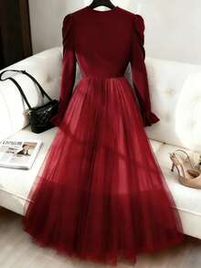 Elegant Women's Long Sleeve V Neck Pleated A Line Maxi Dress In Red Knitted Fabric - Red - View 2