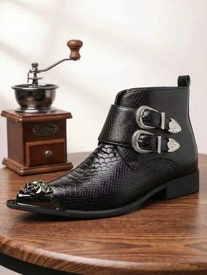 1双男士金属包头搭扣蛇纹中帮PU皮休闲靴，切尔西款式，切尔西风格，适合派对和夜店穿着