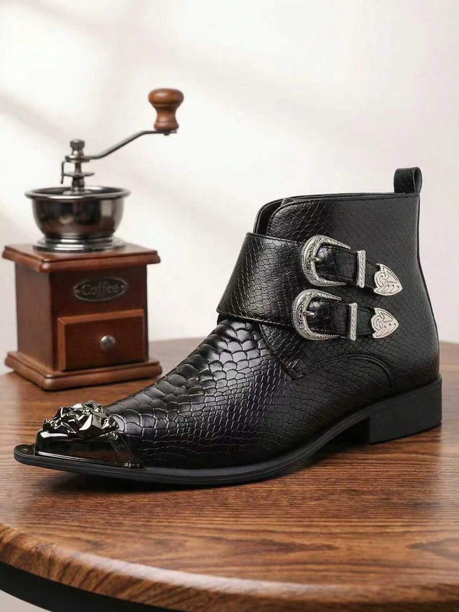 1 Pair Men's Metal Closed Toe Buckle Snake Skin Pattern Mid-Top PU Leather Casual Boots, Chelsea Style Suitable For Party And Nightclub - Black - View 1