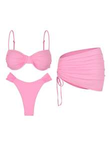 2026 Summer Women's Sexy Pink Bikini Set 3pcs, Including Drawstring Beach Mini Skirt, Suitable For Vacation, Pool Party - Pink - View 4