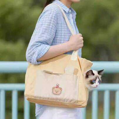 1 st bärbar husdjursväska, tygväska med björnhatt, nödvändig för resor med hund och katt, handväska med stor kapacitet, justerbar rem, bekväm och andningsbar