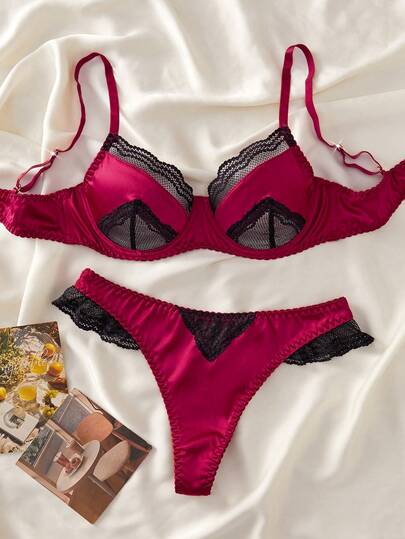 Style Dream 两件套蕾丝缎面拼接红黑撞色内衣套装，可调节文胸+内裤，优雅浪漫，情人节之选