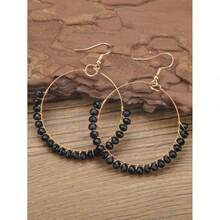 Pendientes Redondos de Gota con Decoración de Cuentas - Negro - Ver 6