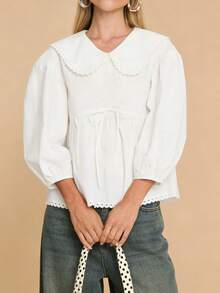 Women's Autumn Casual Tops White Long Puff Sleeve Doll Collar Loose Fit T-Shirts - 白色 - 查看 2