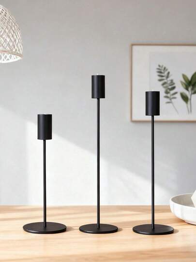 3Pcs Minimalist Gold & Black Metal Candle Holders - Elegant Tabletop Centerpieces For Weddings, Parties, Home Decor & Holiday Celebrations