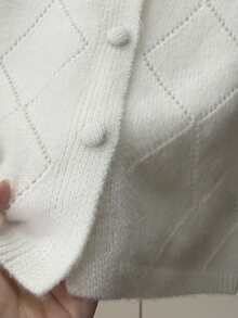 Solid Color Knit Fabric Hollow Out Ribbed Front Button Cardigan Short Sleeve Top, Everyday Wear Spring/Summer White - White - View 5