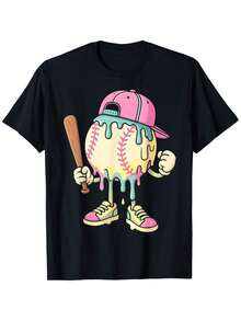 Women's Casual Cotton Round Neck Short Sleeve Regular Length Cute Baseball Print T-Shirt - Negro - Ver 1
