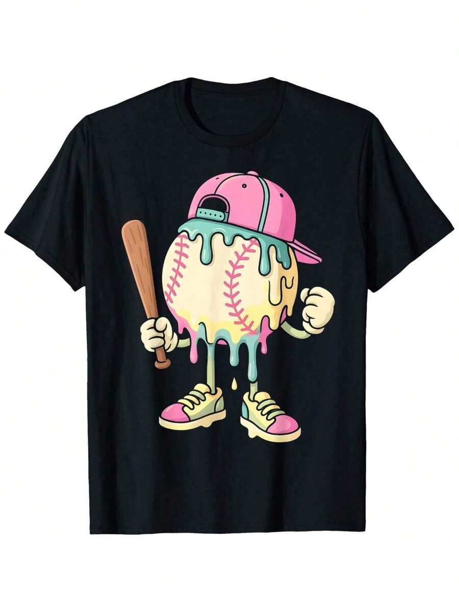 Women's Casual Cotton Round Neck Short Sleeve Regular Length Cute Baseball Print T-Shirt - Negro - Ver 1