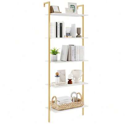 GOFLAME 5-Tier Ladder Shelf Wall Mounted Bookcase With Metal Frame-White