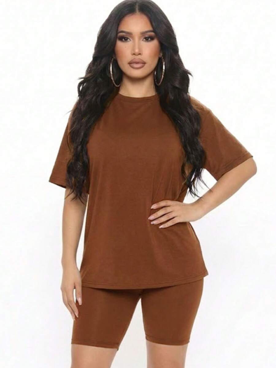 Conjunto de 2 piezas de top holgado y pantalones cortos de motociclista para mujer, cuello redondo, color liso, lavable a máquina, cómodo y básico para estar en casa en verano, primavera y otoño. - Centro de Brown - Ver 1