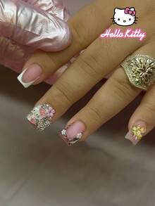 SANRIO 24片短方形3D凝胶白色法式美甲贴纸，包含可爱的3D蝴蝶、金色花朵、水钻和珍珠装饰，粉色闪粉设计，粉嫩少女风，完美贴合假指甲套装，附赠1瓶果冻胶和1个指甲锉，适合日常和派对使用 - 彩色 - 查看 1