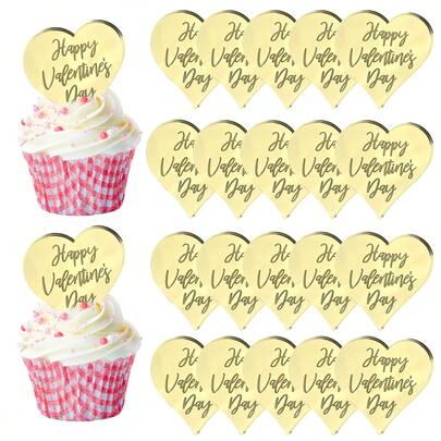 Happy Valentine's Day Toppers - 20pcs Heart Cake Discs & Picks, Mirror Acrylic Charm Decoration