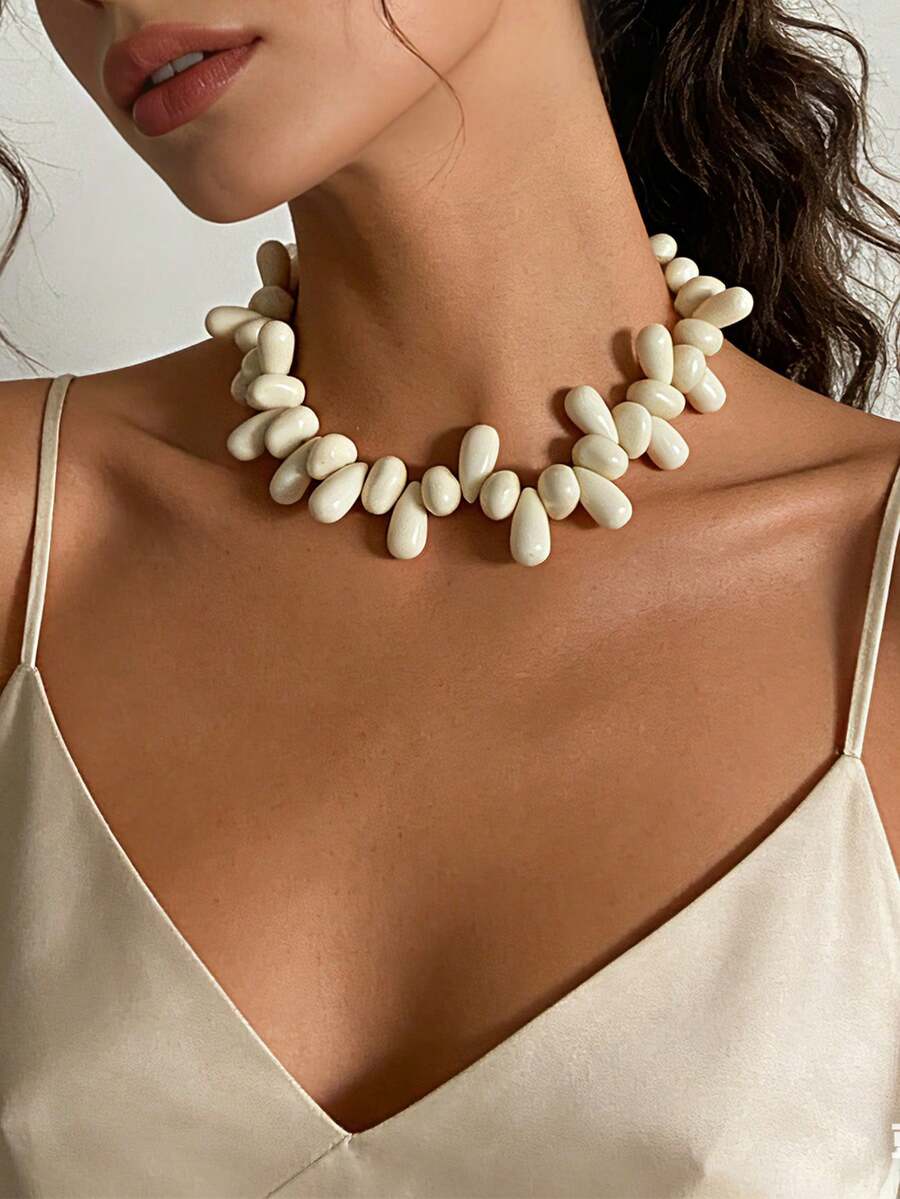 1pc Fashionable Asymmetrical Resin Handmade Beaded Geometric Water Drop Necklace, Minimalist Design - Multicolored Teardrop Beads - View 1