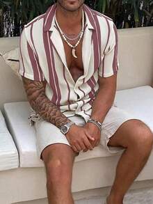 Camisa de manga corta casual de hombre con bloques de color y rayas, estilo cómodo de vacaciones - Rosa Fucsia - Ver 2