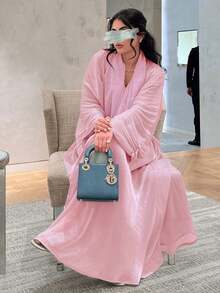 Middle Eastern Modest Women Abaya Dress, Dubai Outerwear Cardigan Robe, Shiny Fabric, - Pink - View 1