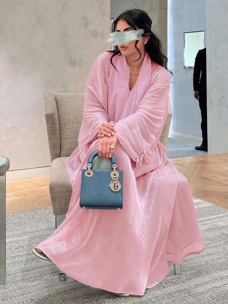 Middle Eastern Modest Women Abaya Dress, Dubai Outerwear Cardigan Robe, Shiny Fabric, - Pink - View 1