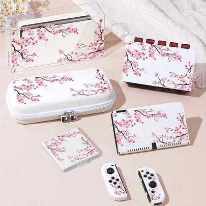 Ayotu Sakura Tree Pattern Game Console Shell And Accessories Compatible With Switch/Switch OLED/Switch Lite, Including Protective Case, Storage Bag, Dock Shell, Console Dust Cover, Game Card Case, Controller Grip, Etc. Suitable For Christmas, Spring Romance, Valentine's Day, Back To School And Other Occasions As Gifts