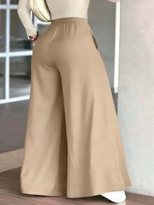 Pantalones anchos y sueltos de pierna ancha tipo maxi para mujer, color blanco, para primavera - Caqui - Ver 3