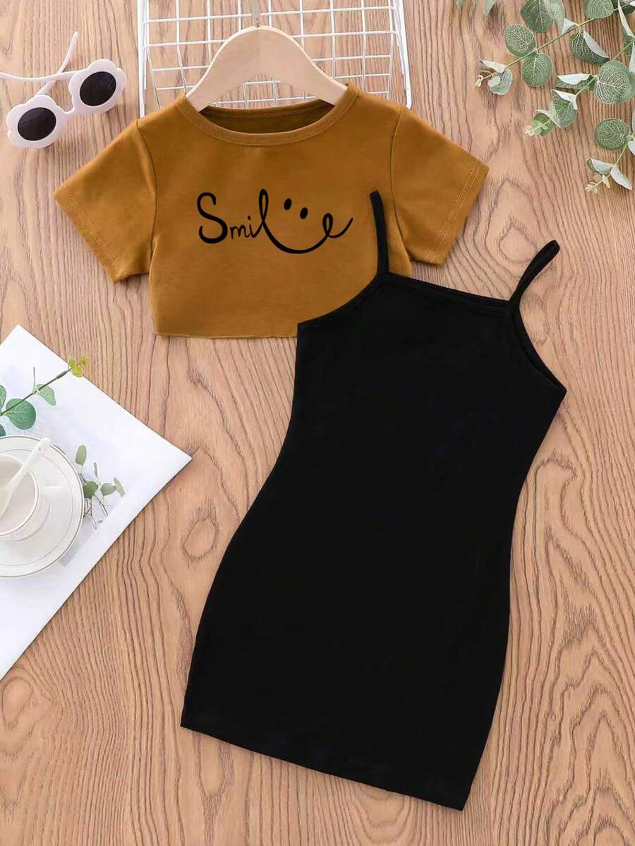 Young Girl Letter Print Short Sleeve T-Shirt And Cami Dress Set - Yellow - View 1