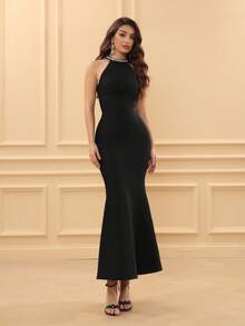 Love Aing Elegant Middle Eastern Style Rhinestone Chain Dress, Handmade, Luxurious Formal Evening Gown, Mermaid Silhouette, Autumn Wedding Party Black - Black - View 6