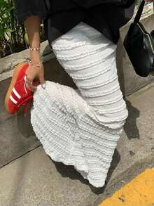 EARO Women's High Elastic Ruffled Layered Skirt, Elegant White Long Skirt, Elastic Waist Design, Fashion, Versatile, Graceful Spring - White - View 2