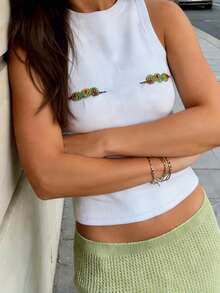 Women's Summer Crop Tank Tops Sleeveless Crew Neck Bead Slim Fit Vest Casual Summer Shirts - 象牙白 - 查看 2