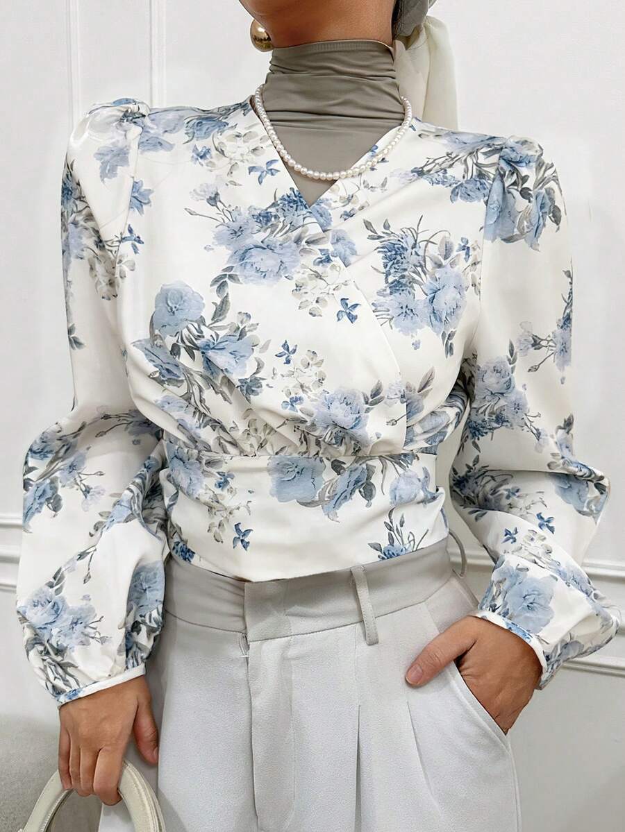 DAZY Áo kiểu nữ dài tay cổ chữ V in hoa bằng vải chiffon, áo dài tay, thích hợp cho mùa thu và nghỉ lễ. - Màu xanh lam - Xem 1