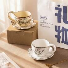 手绘薰衣草咖啡杯碟陶瓷餐具，优雅下午茶拉花杯，乡村风格饮具套装 - 彩色 - 查看 2