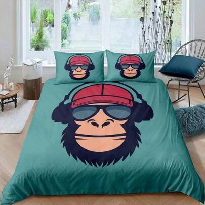 2/3pcs Music Monkey Bedding Set Hip Hop Duvet Cover Set Funny Animal Comforter Cover Headset For Men Women Room Decor Bedspread With 1/2 Pillowcase Zipper, Soft Breathable Valentine'S Day The Lovers' Day Gifts Decoration