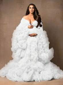 White Women Sleepwear Size XXS XS S M L XL 2XL 3XL 4XL Bathrobe Gift For Girlfriend Oversized Party Wear Dresses Pregnant Gown For Photoshoot Sexy Mesh Fabric Ruffle Hem Wedding Kimono Relax Fit Beach Wedding Dresses With Belt Tie Photography - 白色 - 查看 1