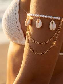 1pc Beach Vacation Style Multi-Layer Alloy Chain Women's Pearl Jewelry Arm Bracelet, With Mixed Pearl, Shell, Eye And Starfish Pendants, Women's Party Gift [Shell Position Random] - Gold - View 1