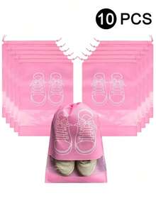 5/10pcs Pink Shoes Storage Bag,Travel Shoe Bags, Closet Organizer, Non-Woven Travel Portable Bag, Waterproof Pocket, Clothing Classified Hanging Bag Large Transparent Travel Drawstring Shoe Bags, Waterproof And Dustproof, Portable - 粉色 - 查看 10