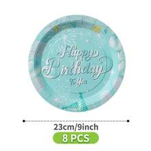 绿色背景银色气球生日快乐一次性餐盘、餐巾纸、杯子套装，派对用品，可供8位客人使用，一次性纸盘，派对餐具，适用于生日、婚礼、主题派对、家庭野餐 - 彩色 - 查看 8