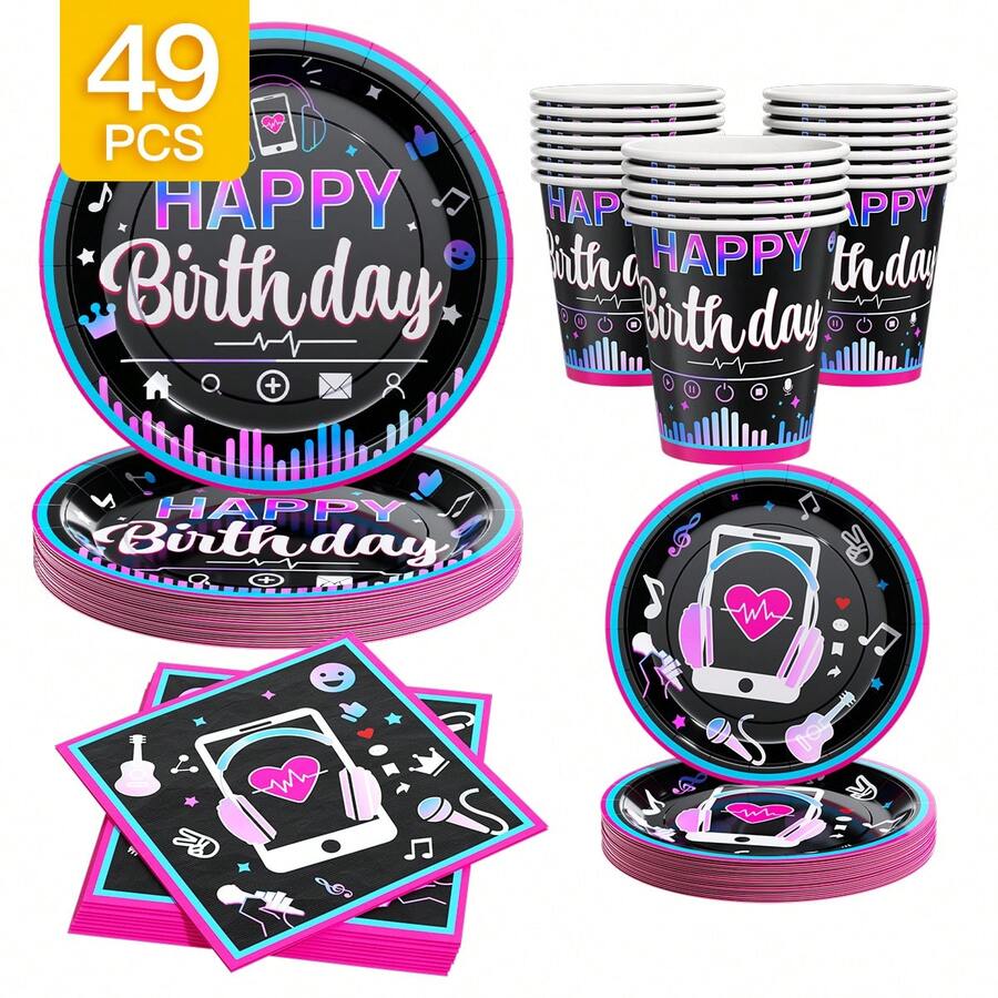 1 Set Music Happy Birthday Disposable Plates, Napkins, Cups, Serves 8 Guests, Suitable For Birthday, Wedding, Party, Family Picnic - Multicolor - View 1