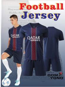 ODMYONO Men's Round Neck Colorblock Striped Pattern Breathable Comfortable Fashionable Outdoor Sports Soccer Jersey Set Spring - Navy Blue - View 8